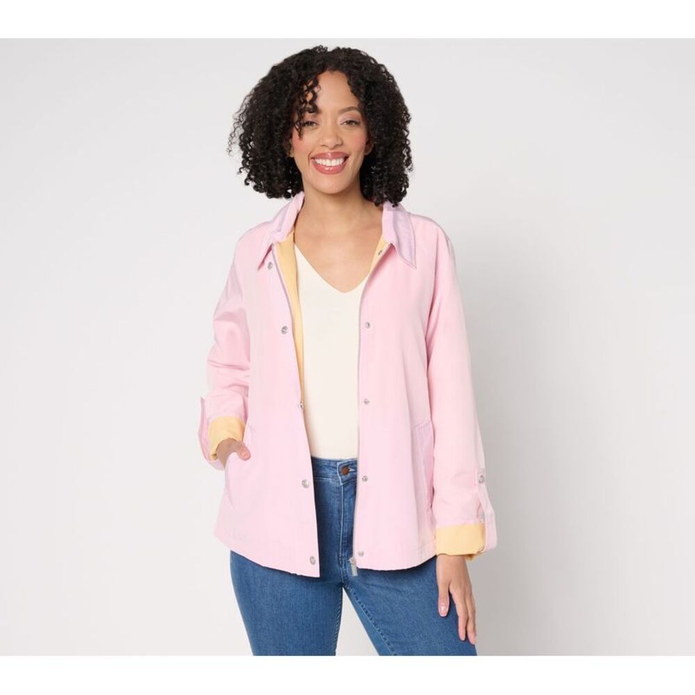 Susan Graver Women's Jacket Sz S Water Resistant Spring Roll Tab Pink A707141